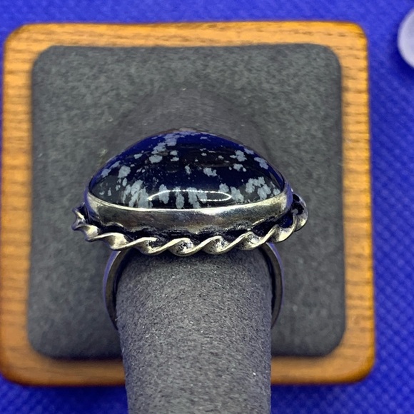 Comfort Curl ADJUSTABLE Beautiful Snowflake Obsidian Ring! .925 Sterling Overlay - Picture 6 of 16